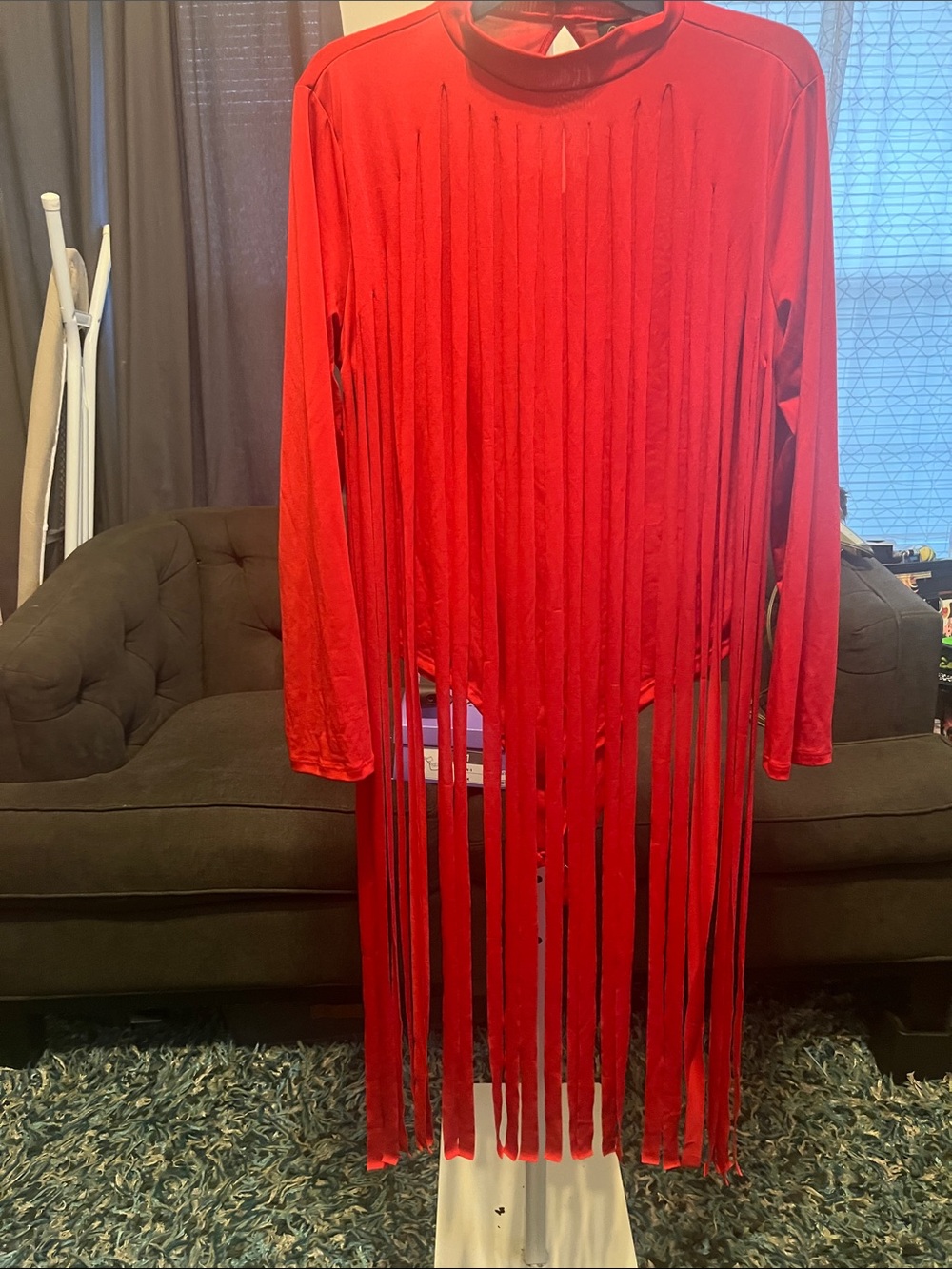 Red Long Sleeve Fringe Tunic Body Suit